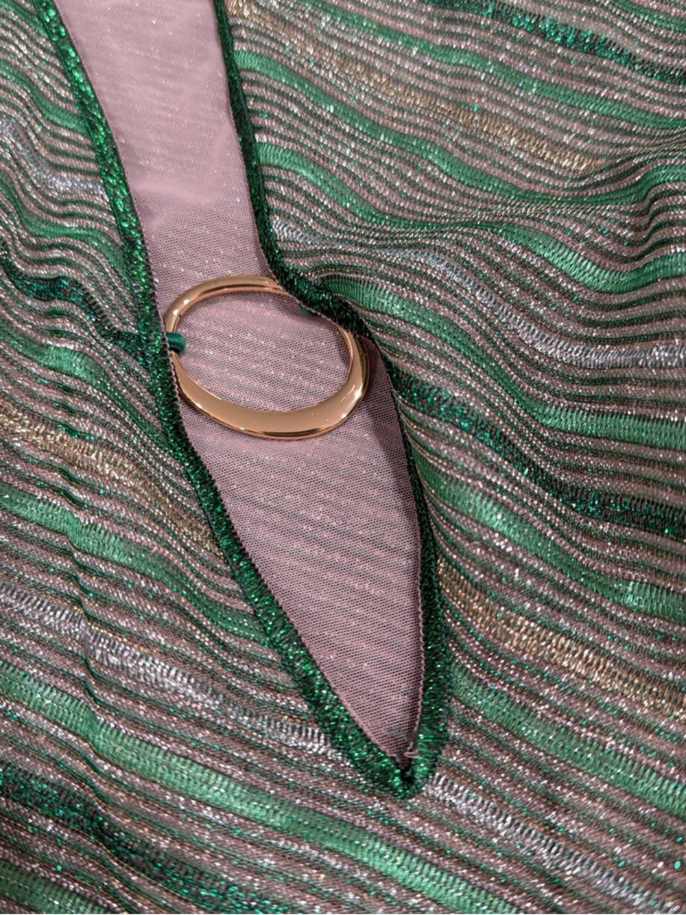 Oseree shiny striped kaftan mini dress with ring detail in green - Picture 7 of 7